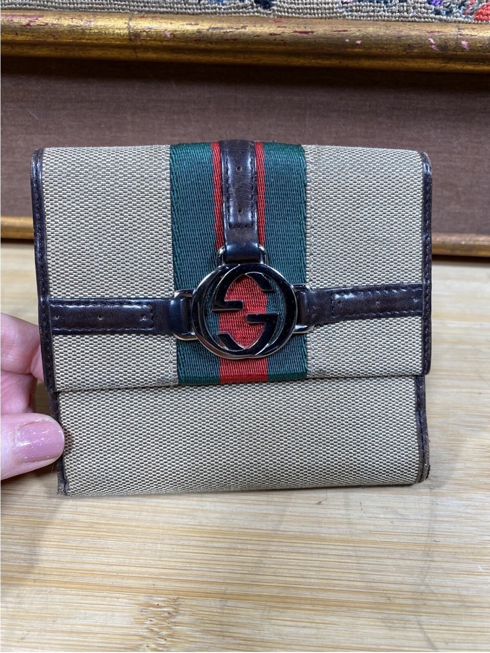 Vtg GUCCI GG Marmont Tan Canvas & Brown Leather Bifold Wallet Card Coin Holder
